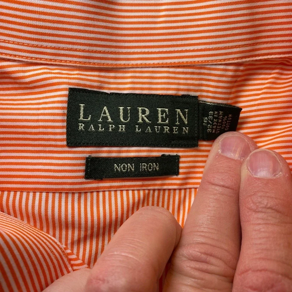 Lauren Ralph Lauren Non Iron Dress Shirt Mens 16 32/33‎ Orange White Stripe